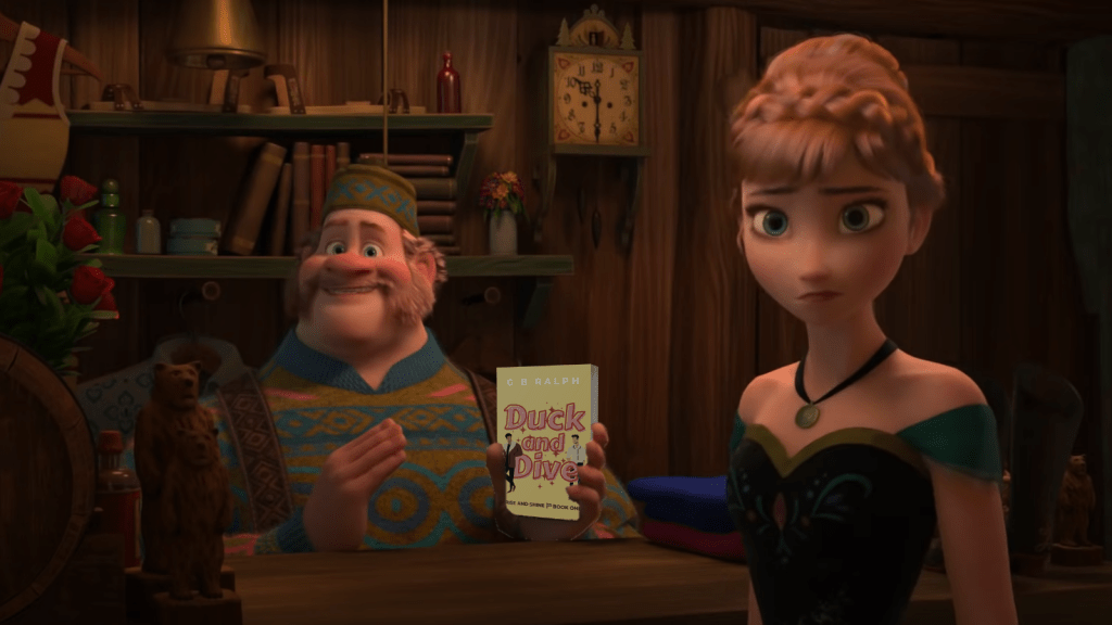 Scene from Frozen. Yoo hoo big summer blowout. Salesman holding a copy of Duck and Dive.