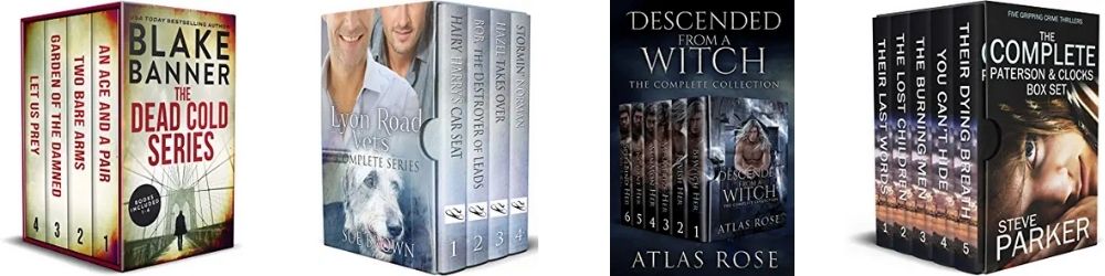 Examples of ebook box sets on Amazon, dressed up to look like physical box sets so readers know at a glance that they're getting a bundle!