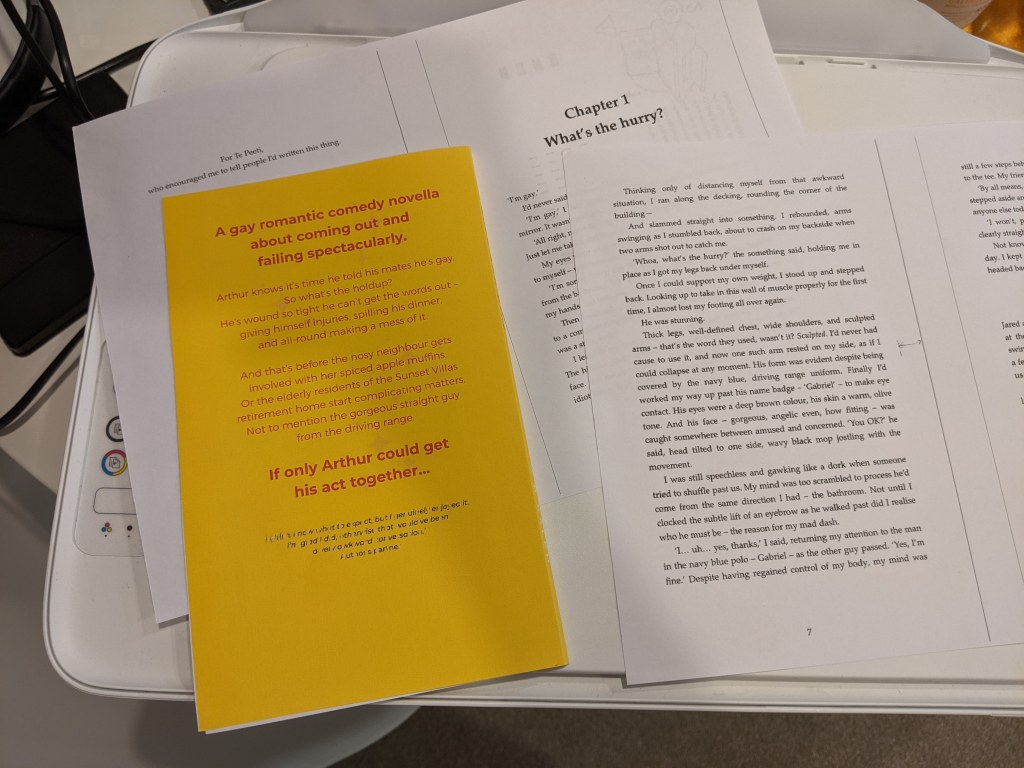 Duck and Dive paperback mockup printout on home printer. Back cover and internal text.