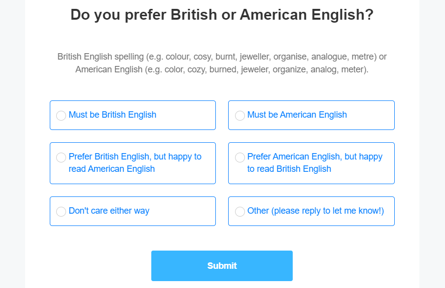 Mailing list survey question screenshot: Do you prefer British or American English?