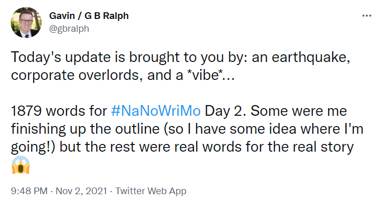 NaNoWriMo 2021 tweet update Day 2