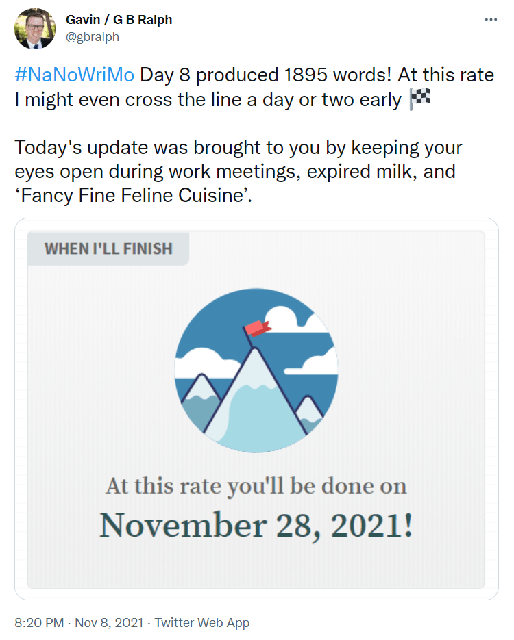 NaNoWriMo 2021 tweet update Day 8