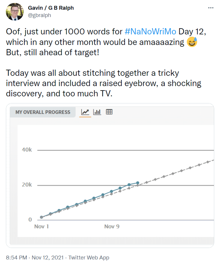 NaNoWriMo 2021 tweet update Day 12