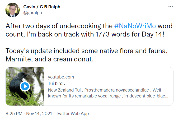 NaNoWriMo 2021 tweet update Day 14