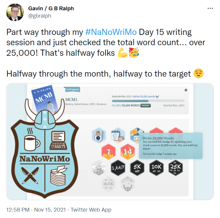 NaNoWriMo 2021 tweet update Day 15