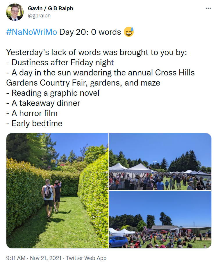 NaNoWriMo 2021 tweet update Day 20