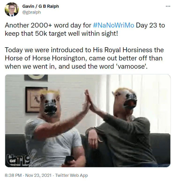 NaNoWriMo 2021 tweet update Day 23