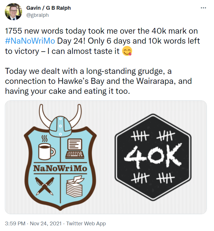 NaNoWriMo 2021 tweet update Day 24