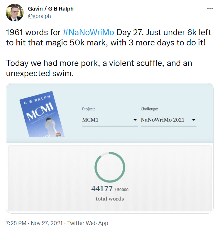 NaNoWriMo 2021 tweet update Day 27