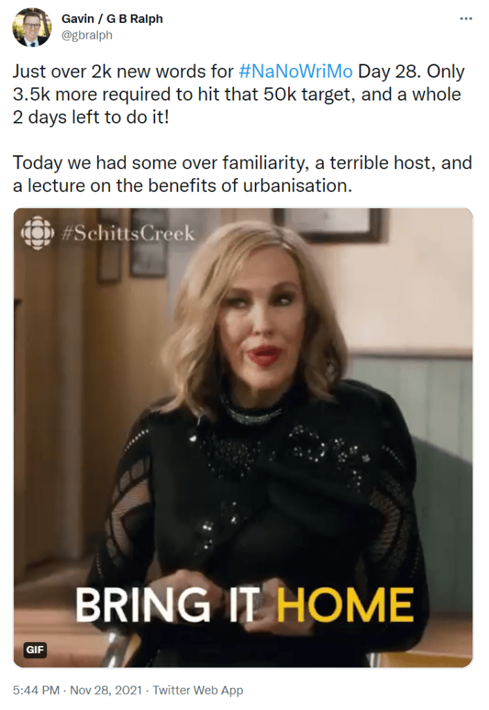 NaNoWriMo 2021 tweet update Day 28