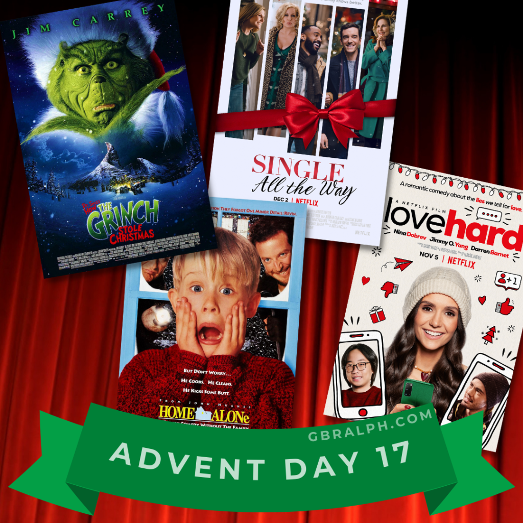 Christmas movie posters. Home Alone, How The Grinch Stole Christmas, Love Hard, and Single All The Way.