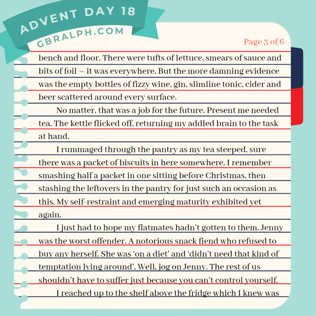 Tea and Biscuits short story by G B Ralph. Advent calendar Day 18. Page 3 of 6.