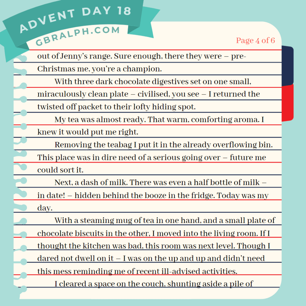 Tea and Biscuits short story by G B Ralph. Advent calendar Day 18. Page 4 of 6.