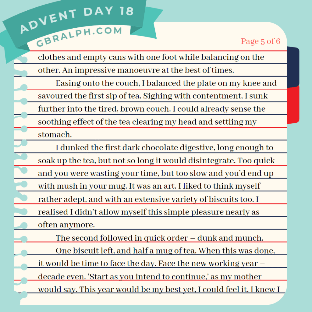 Tea and Biscuits short story by G B Ralph. Advent calendar Day 18. Page 5 of 6.