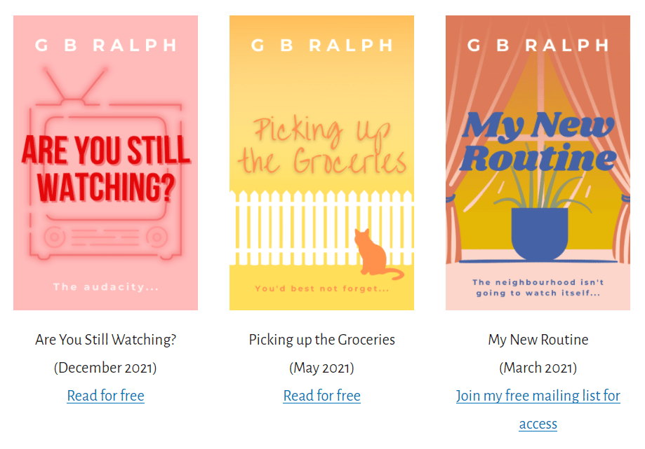 Screenshot of 3 new short stories released in 2021: Are You Still Watching?; Picking Up the Groceries; and My New Routine.