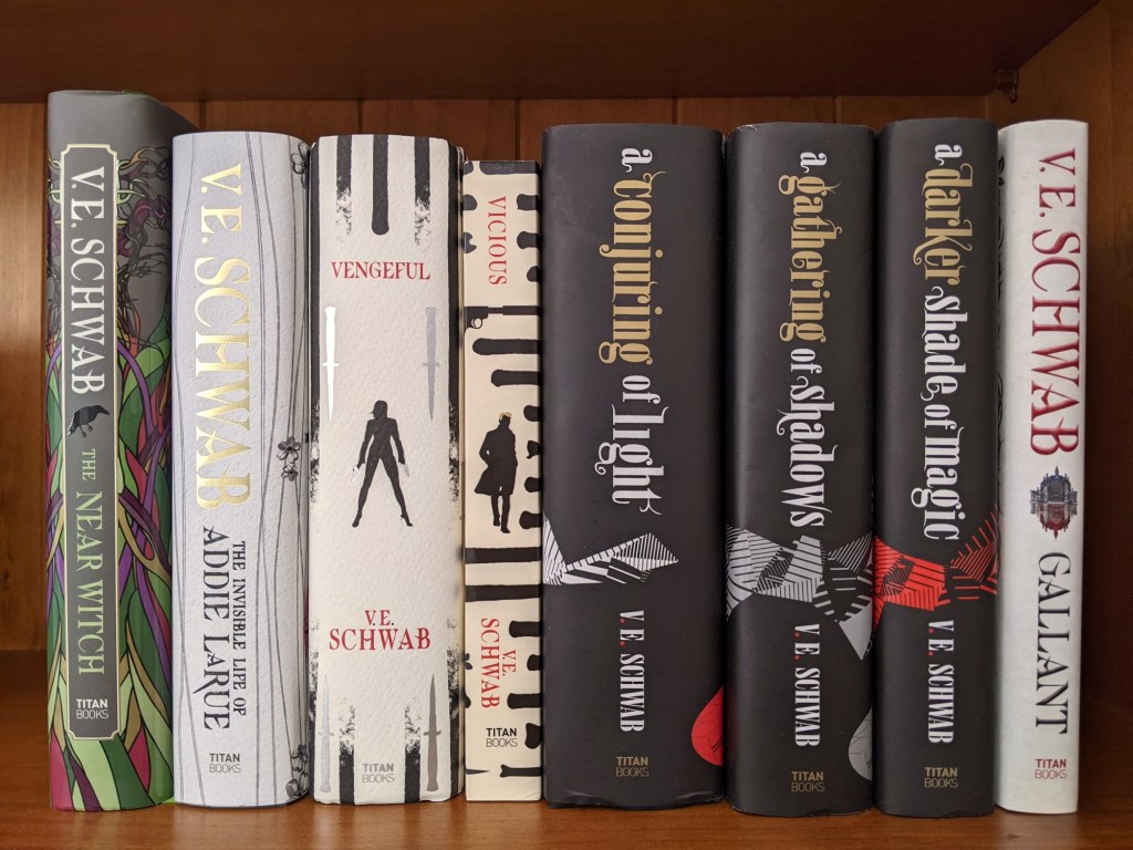 V.E. Schwab books on my bookshelf