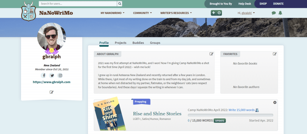 Camp NaNoWriMo profile screenshot - Rise and Shine Stories