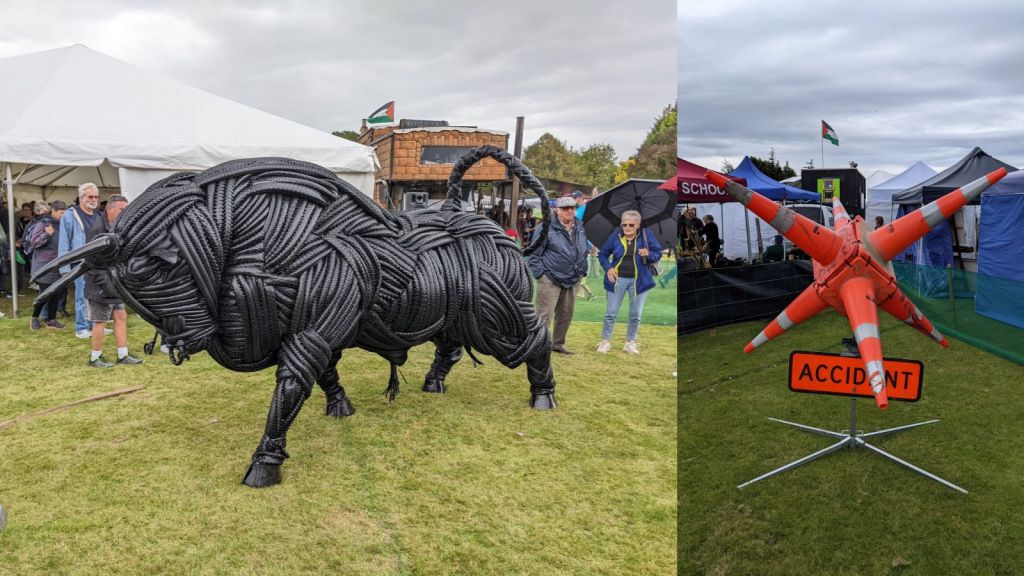 Sculptures at the Kimbolton Sculpture Festival. Life-sized bull made of bicycle tyres. Road cone sculpture.