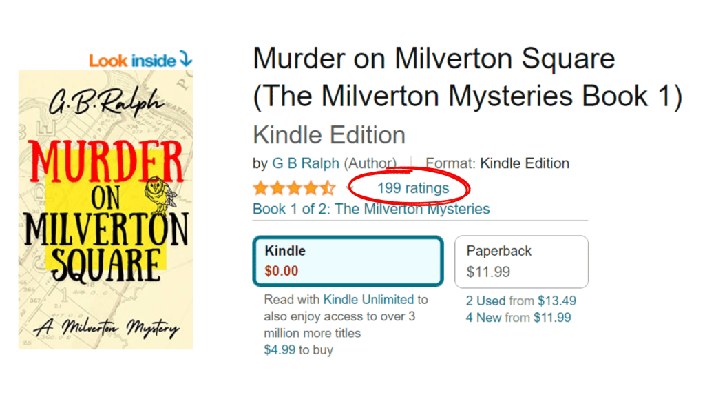 Murder on Milverton Square by G B Ralph. Amazon listing with 199 ratings.