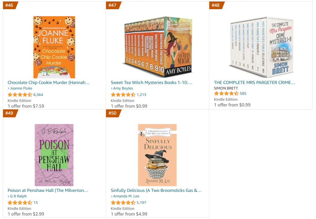 Amazon.com Best Sellers in Cozy Mystery. Top 50 list including Poison at Penshaw Hall (A Milverton Mystery) by G B Ralph at position 49.