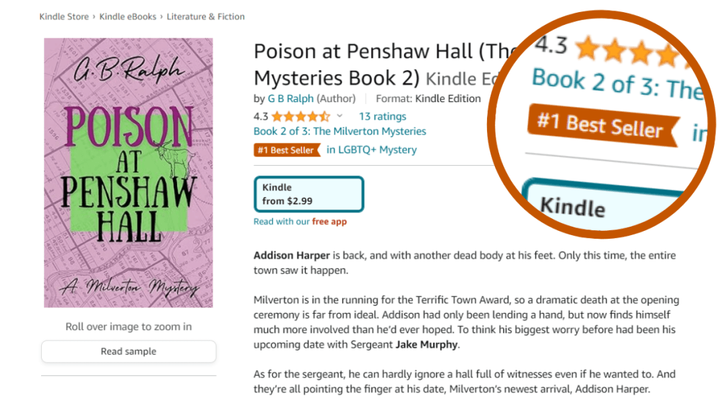 Poison at Penshaw Hall (A Milverton Mystery) by G. B. Ralph. Amazon listing soon after release showing an orange #1 Best Seller badge in LGBTQ+ Mystery.