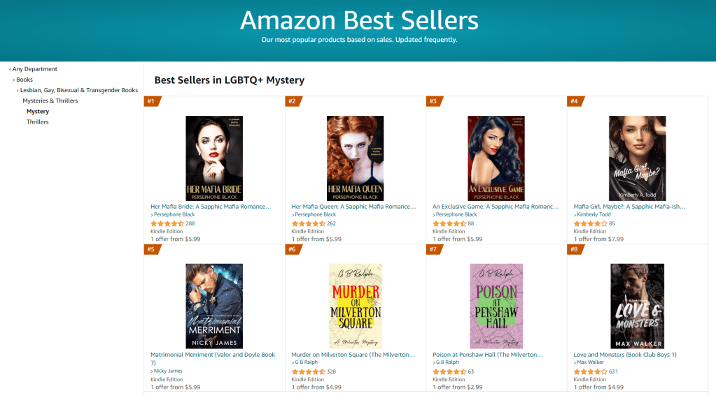 Amazon US Best Sellers in LGBTQ+ Mystery, including Murder on Milverton Square by G B Ralph at number 6, and Poison at Penshaw Hall by G B Ralph at number 7.
