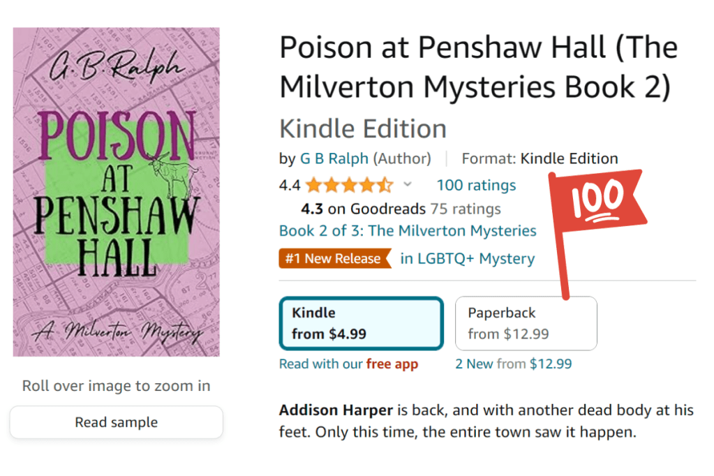 Poison at Penshaw Hall (A Milverton Mystery) by G B Ralph. Amazon listing showing 100 ratings, and an orange flag indicating the book's status as the number 1 new release in LGBTQ+ Mystery.