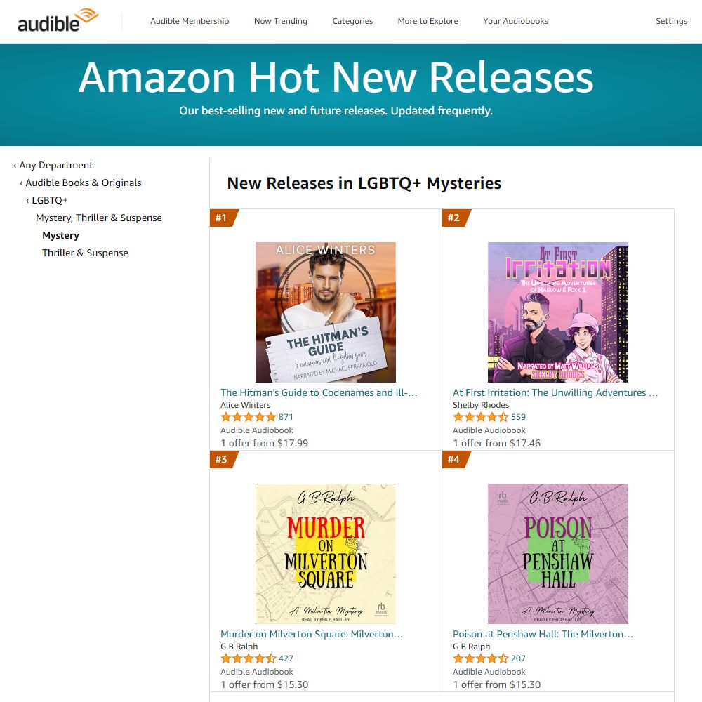 Audible website screenshot. Amazon Hot New Releases in LGBTQ+ Mysteries audiobooks. Murder on Milverton Square and Poison at Penshaw Hall by G B Ralph at position 3 and 4 respectively.
