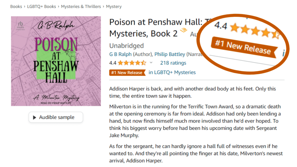 Poison at Penshaw Hall (A Milverton Mystery) by G. B. Ralph. Amazon audiobook listing soon after audiobook release showing an orange #1 New Release badge in LGBTQ+ Mysteries.