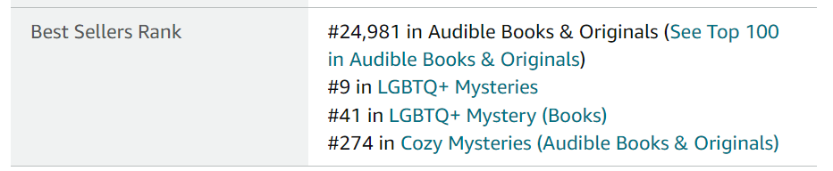 Poison at Penshaw Hall audiobook at number 9 on Audible's Best Sellers in LGBTQ+ Mysteries chart