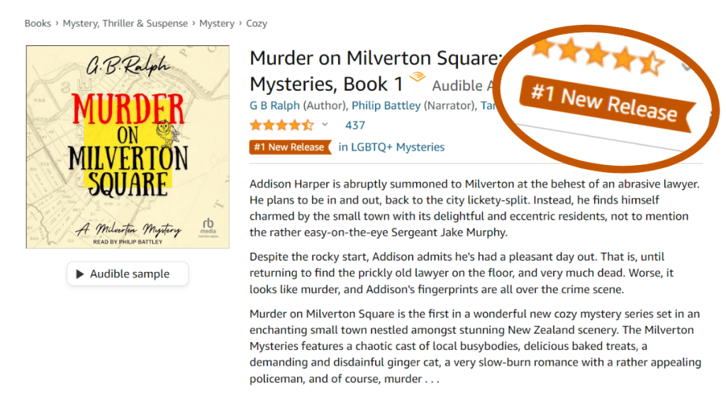 Murder on Milverton Square (A Milverton Mystery) by G. B. Ralph. Audiobook. Orange badge indicating Number 1 New Release in LGBTQ+ Mysteries.