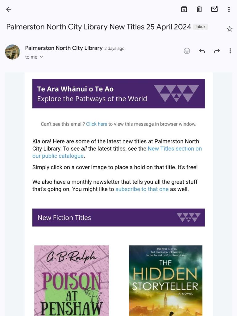 Email showing new titles available at local library