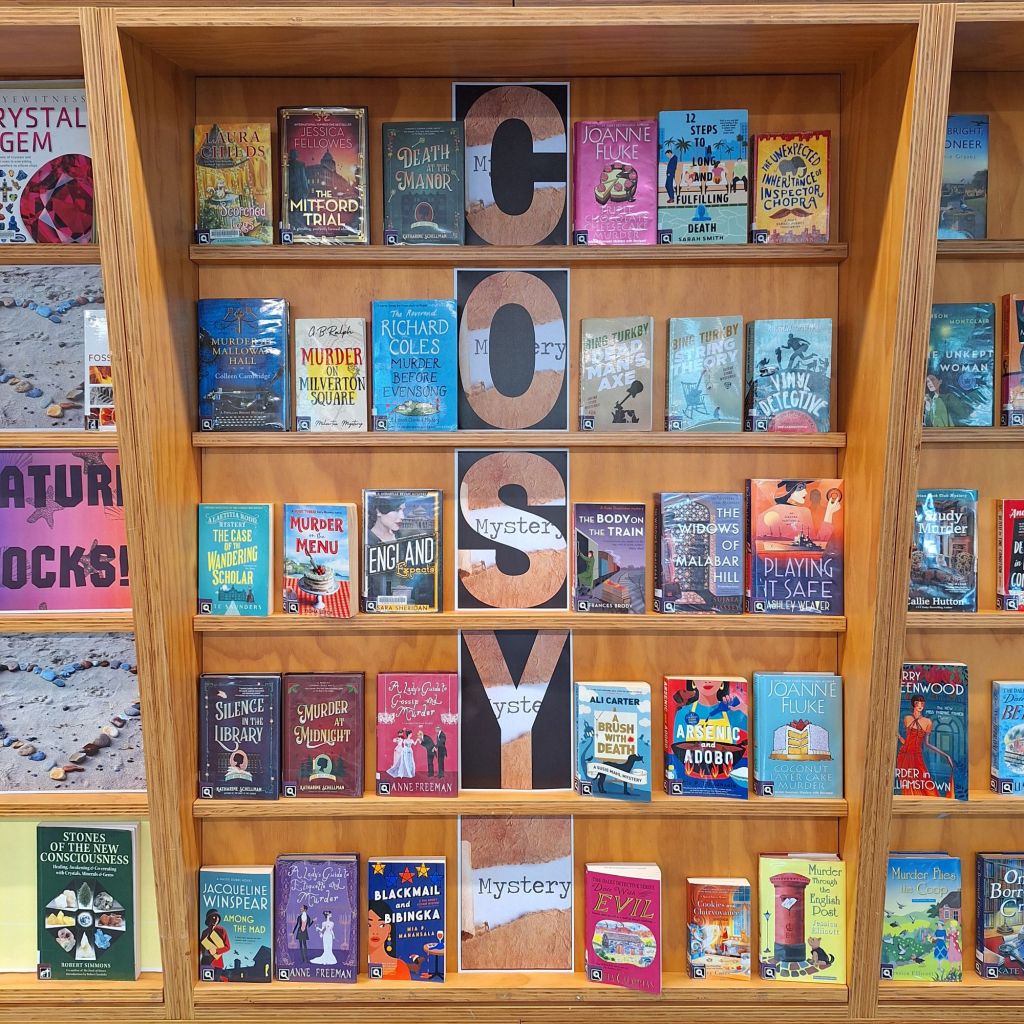 Library display of cosy mystery books
