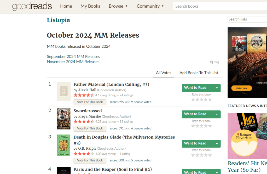 Goodreads list: October 2024 MM releases. Death in Douglas Glade by G B Ralph in position 3.