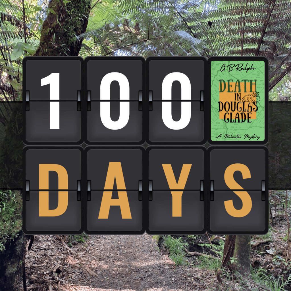 A split-flap display board showing the text "100 days" alongside the book cover image for Death in Douglas Glade by G B Ralph.