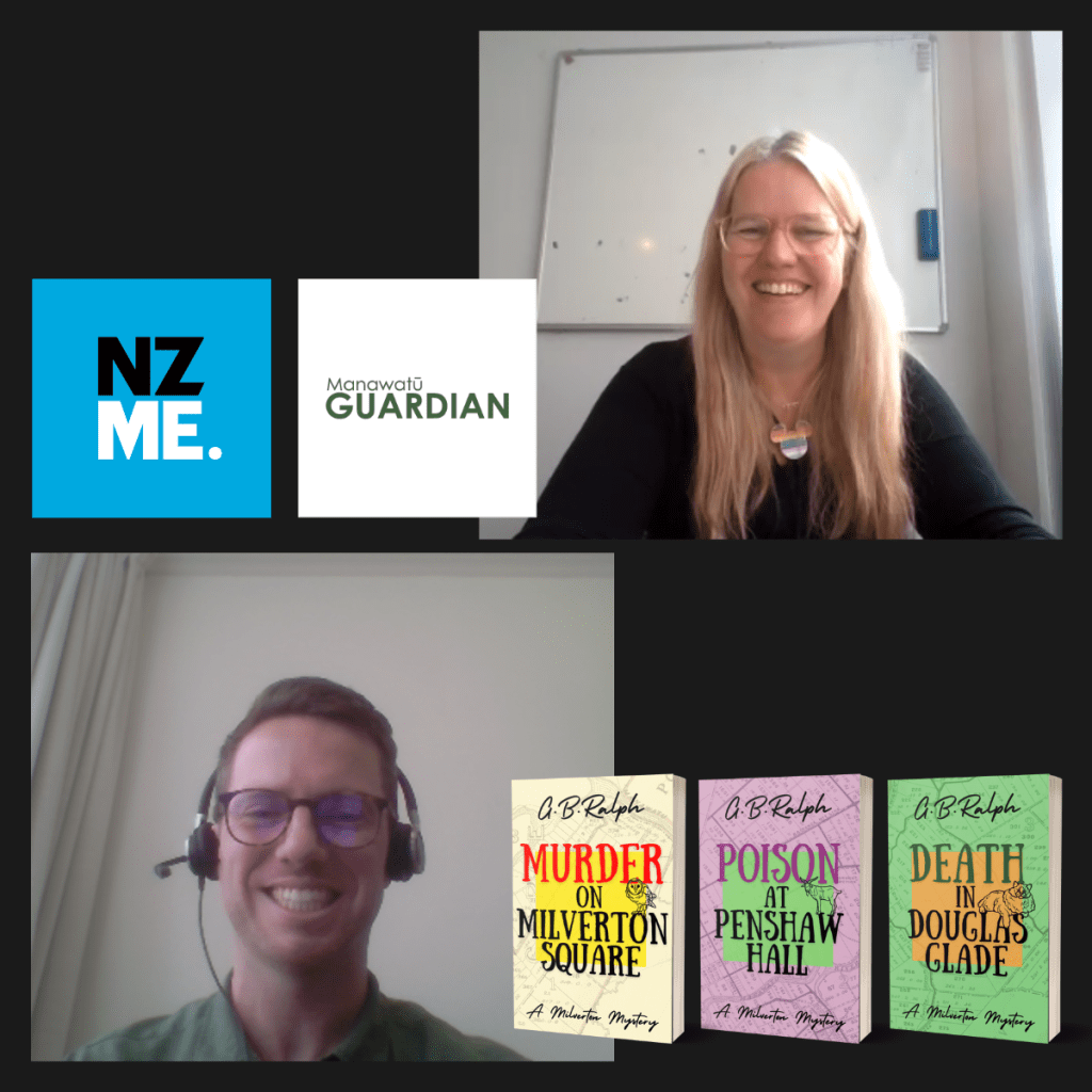 Zoom call screenshot. Ilona Hanne alongside NZME and Manawatū Guardian logos. G B Ralph alongside The Milverton Mysteries book covers.