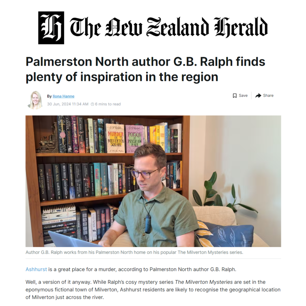 The New Zealand Herald screenshot. Opening of article titled "Palmerston North author G.B. Ralph finds plenty of inspiration in the region". Photo of author, and first few lines of the article.
