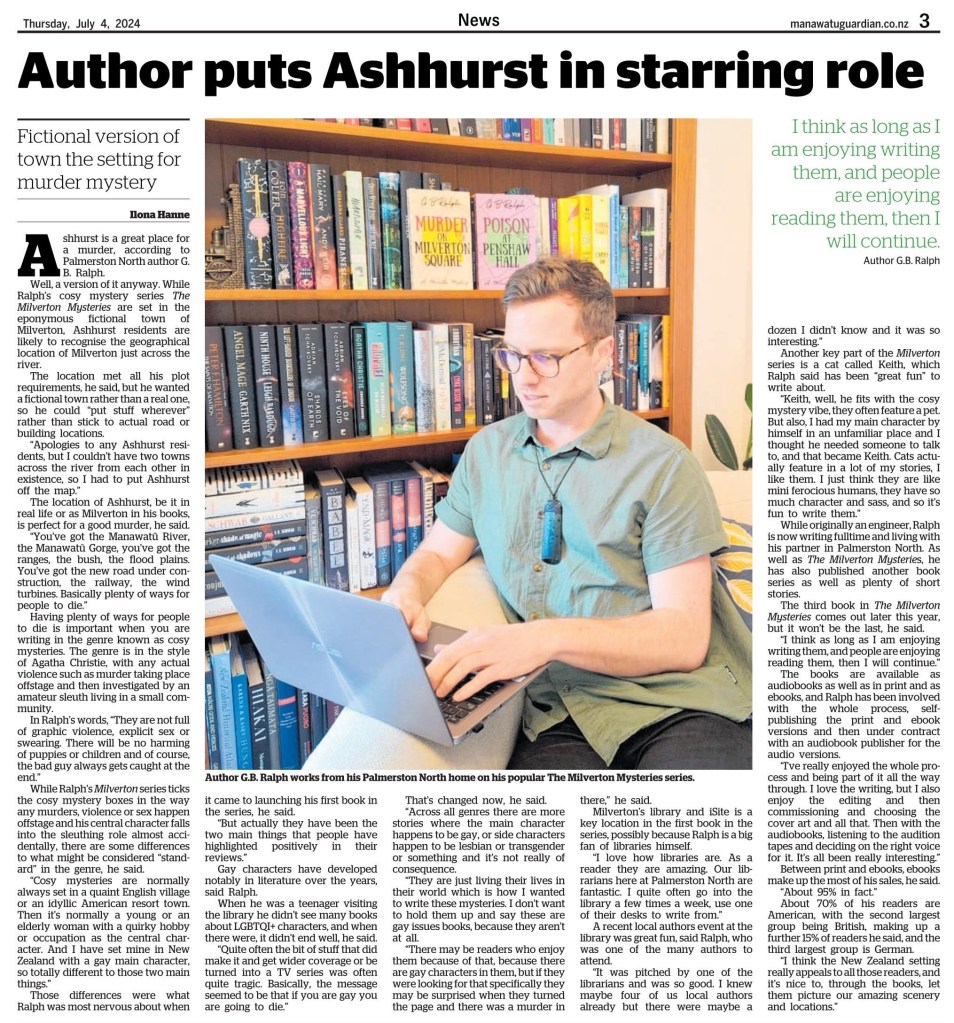 Screenshot of print newspaper article featuring G B Ralph. Headline reads "Author puts Ashhurst in starring role"