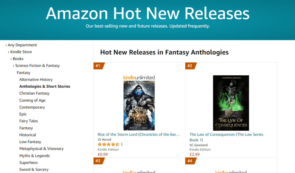 The Law of Consequences at number 2 on Amazon UK's Hot New Releases in Fantasy Anthologies