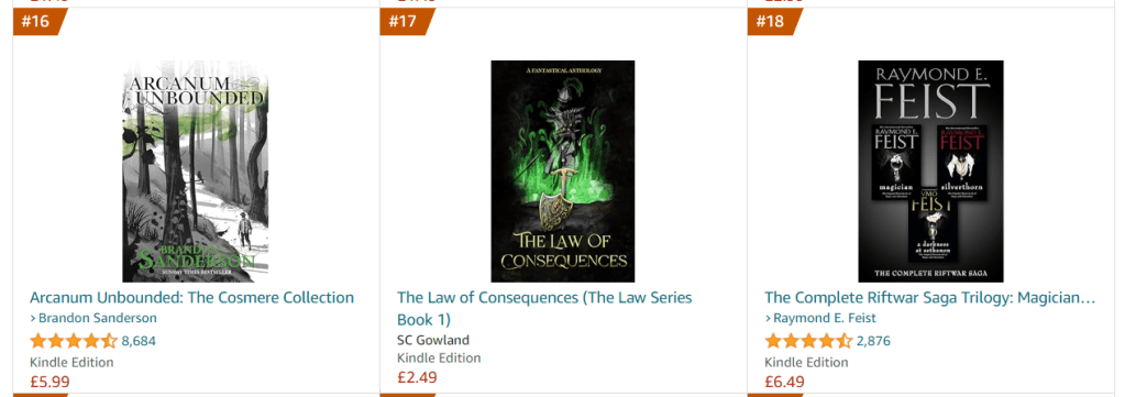 Screenshot of Amazon UK's Best Sellers in Fantasy Anthologies chart with The Law of Consequences positioned between collections by Brandon Sanderson and Raymond E Feist.