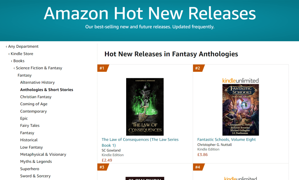 The Law of Consequences at number 1 on Amazon UK's Hot New Releases in Fantasy Anthologies