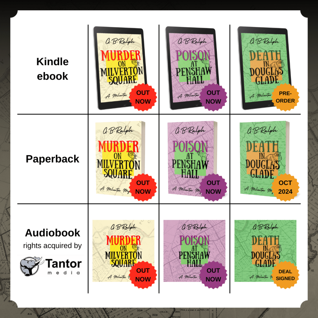 The Milverton Mysteries by G B Ralph. Books shown in grid with the formats they're available in.