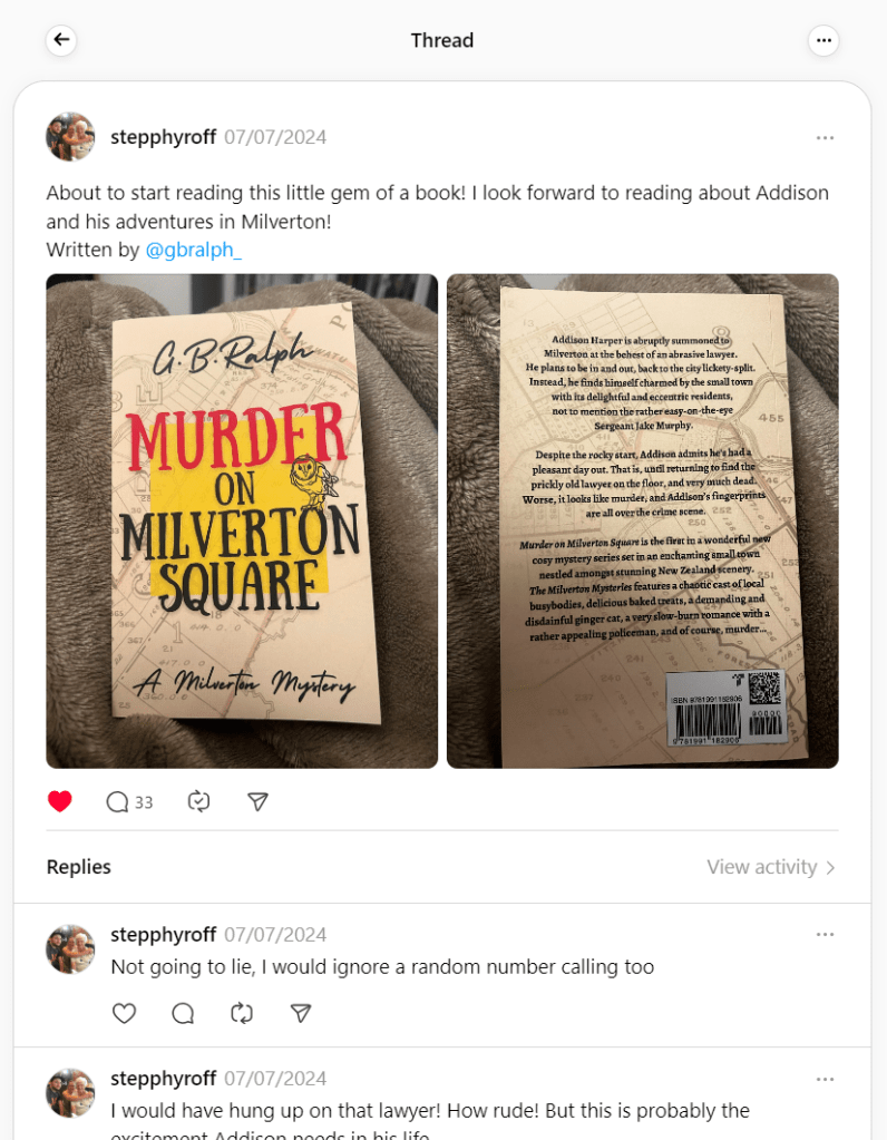 Threads screenshot. User stepphyroff post about Murder on Milverton Square by G B Rralph.