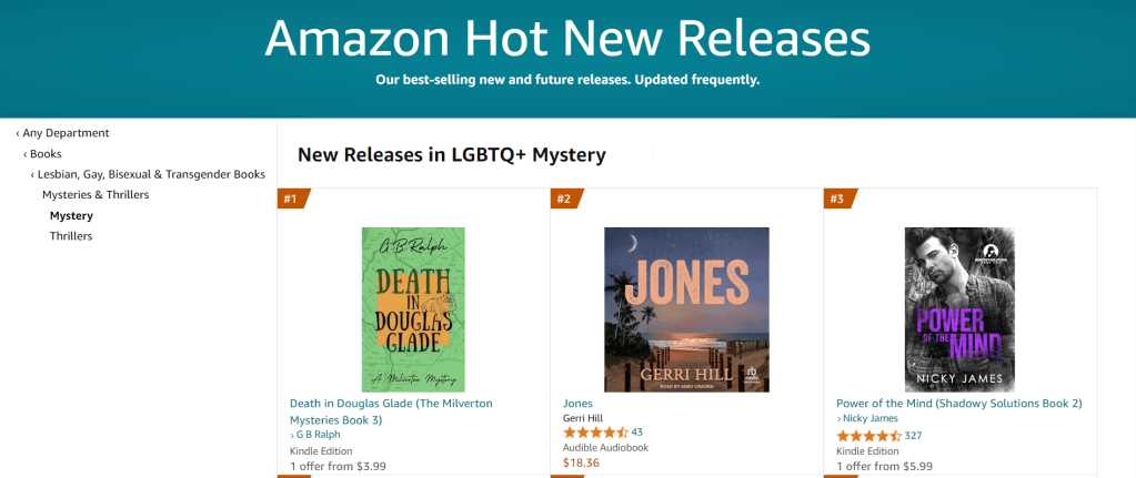 Amazon Hot Releases in LGBTQ+ Mystery showing Death in Douglas Glade by G B Ralph in position 1.