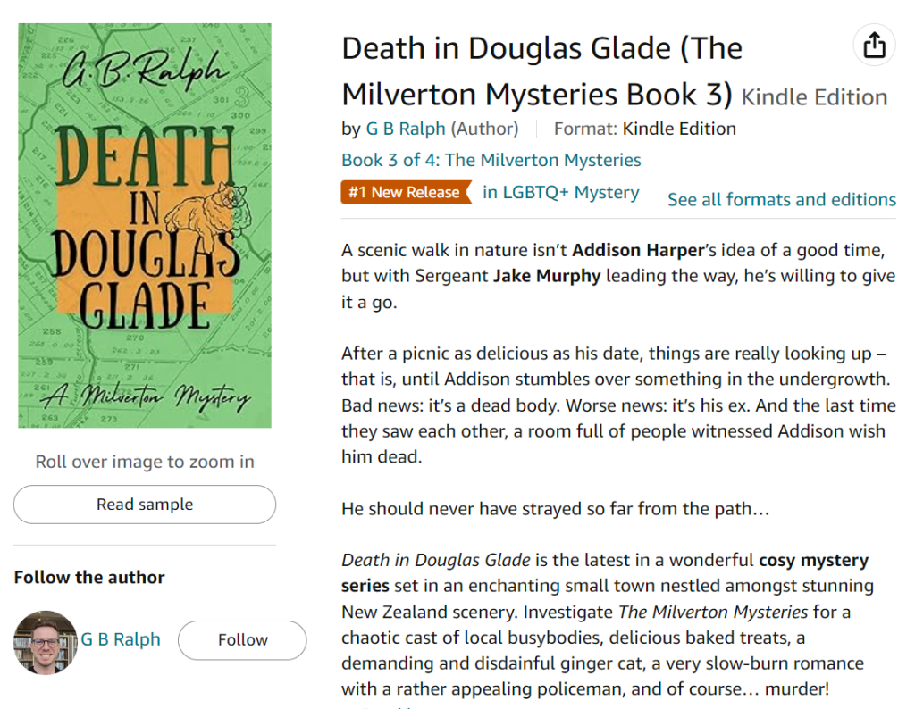 Amazon screenshot showing Death in Douglas Glade (The Milverton Mysteries Book 3) by G B Ralph with an orange badge for Number 1 New Release in LGBTQ+ Mystery.