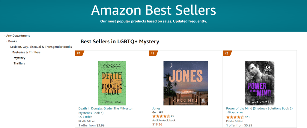 Amazon Best Sellers in LGBTQ+ Mystery chart with Death in Douglas Glade by G B Ralph in position 1.