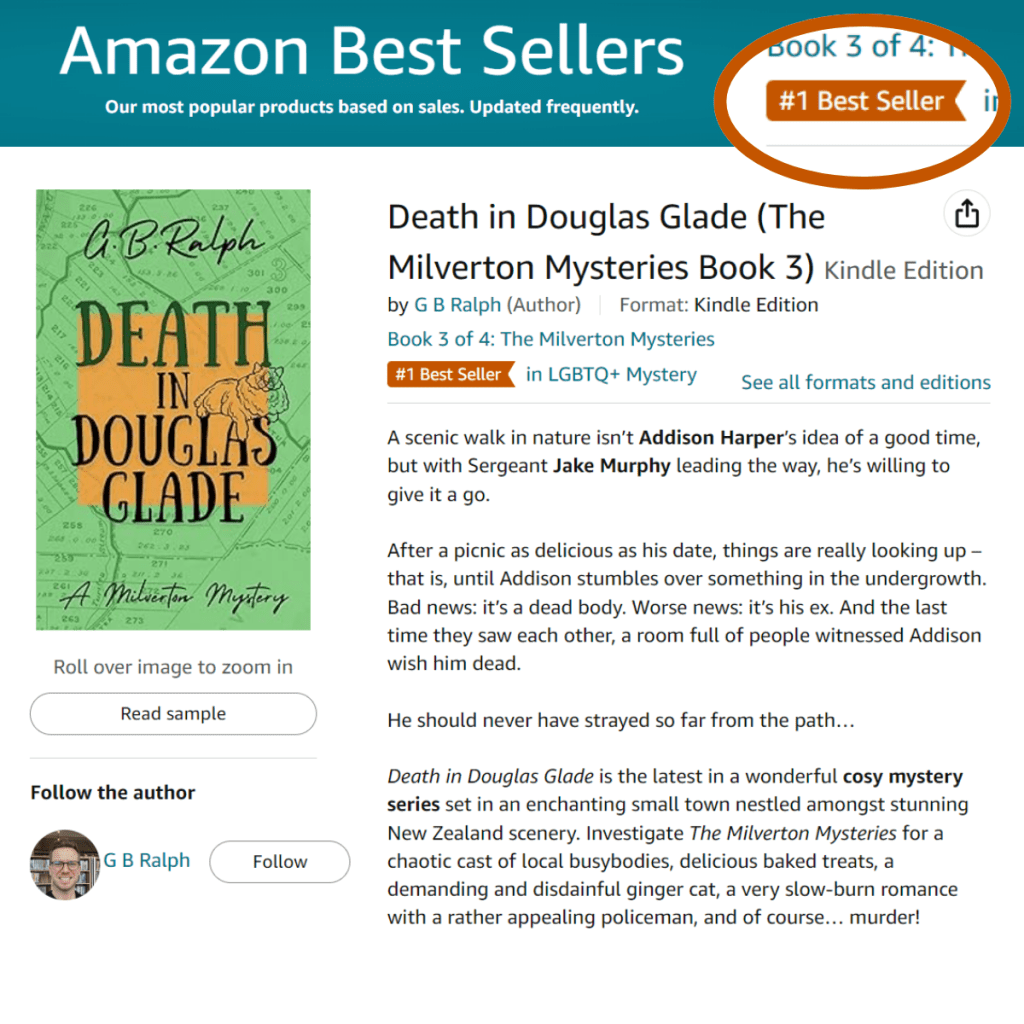 Death in Douglas Glade (The Milverton Mysteries Book 3) by G B Ralph. Amazon screenshot with orange badge showing the book is the Number 1 Best Seller in LGBTQ+ Mystery.