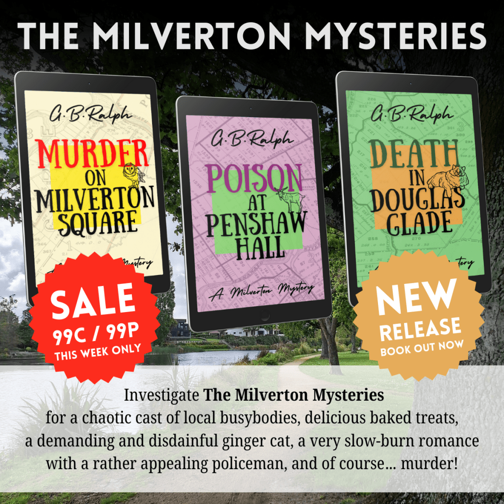 The Milverton Mysteries by G B Ralph. Book series cover images displayed on tablets. Murder on Milverton Square: sale 99c / 99p this week only. Poison at Penshaw Hall. Death in Douglas Glade: new release book out now. Series blurb.