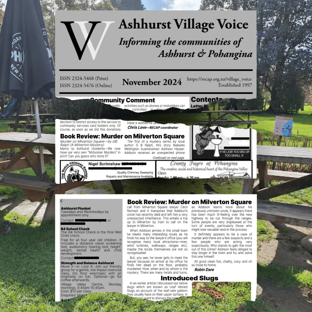 Ashhurst Village Voice magazine excerpts including the book review for Murder on Milverton Square by G B Ralph.