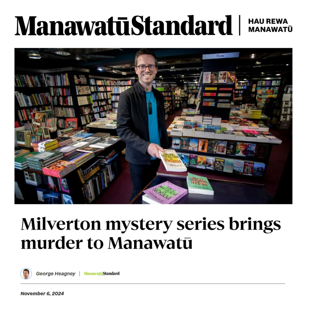 Manawatū Standard online newspaper header, article image featuring author G B Ralph in a bookstore, and article headline: Milverton mystery series brings murder to Manawatū.